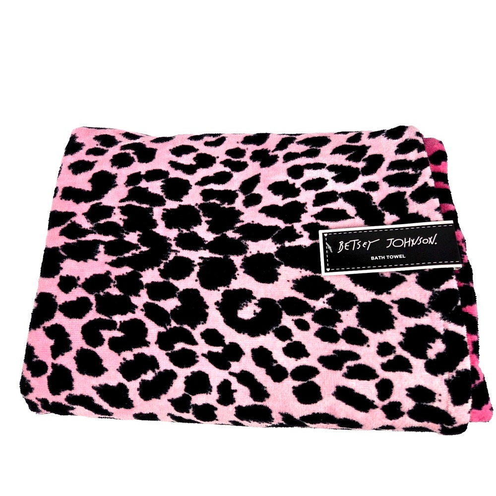 Betsey Johnson Bath Towel Pink Black Leopard Reversible 28 x 52 Cotton New